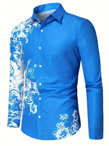 Camisa Masculina Casual Floral Manga Comprida