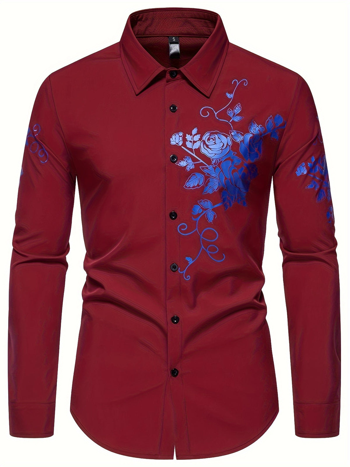 Camisa Masculina  Social Manga Comprida Detalhe Impresso De Rosas