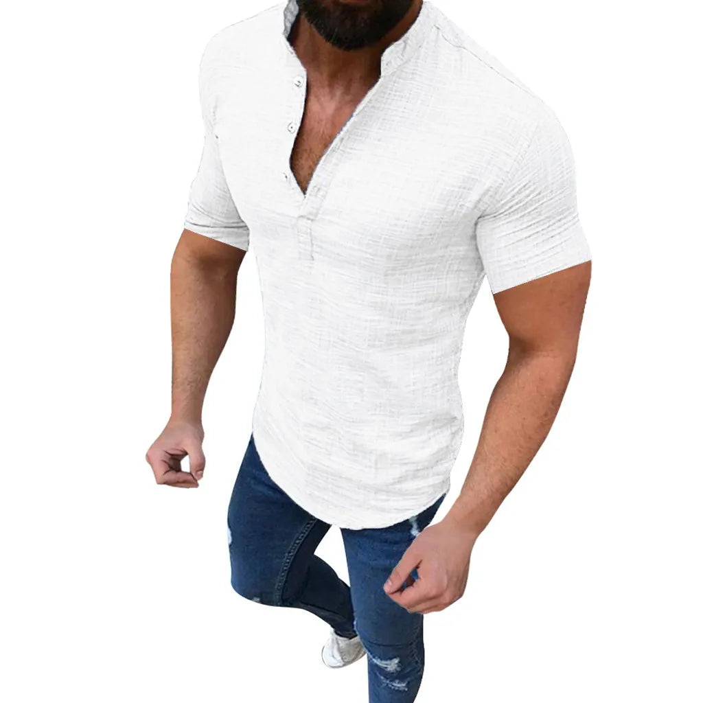 Camisa Masculina Casual Dia á Dia Manga Curta  Gola Em Pé