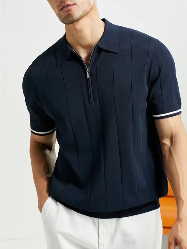 Camisa Masculina Polo Casual Elegante Com Listra Na Borda Das Mangas