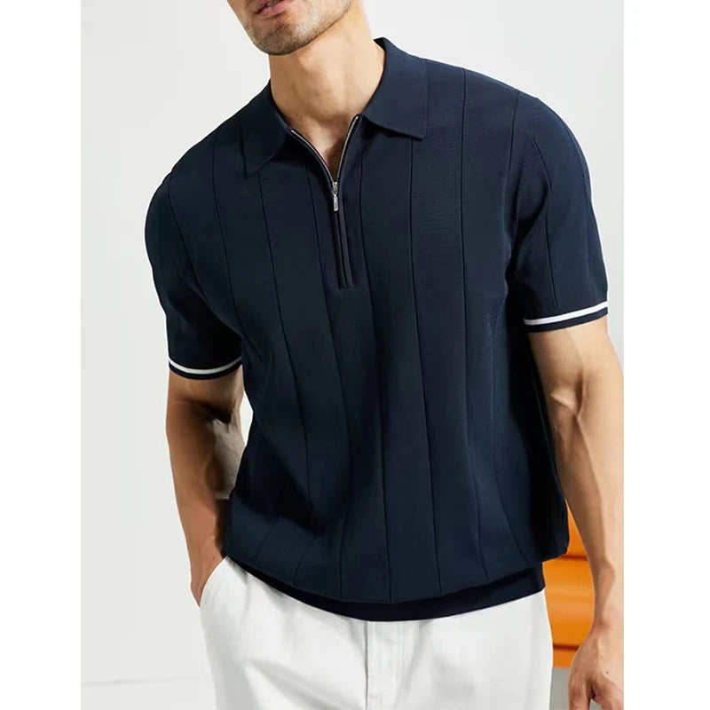 Camisa Masculina Polo Casual Elegante Com Listra Na Borda Das Mangas