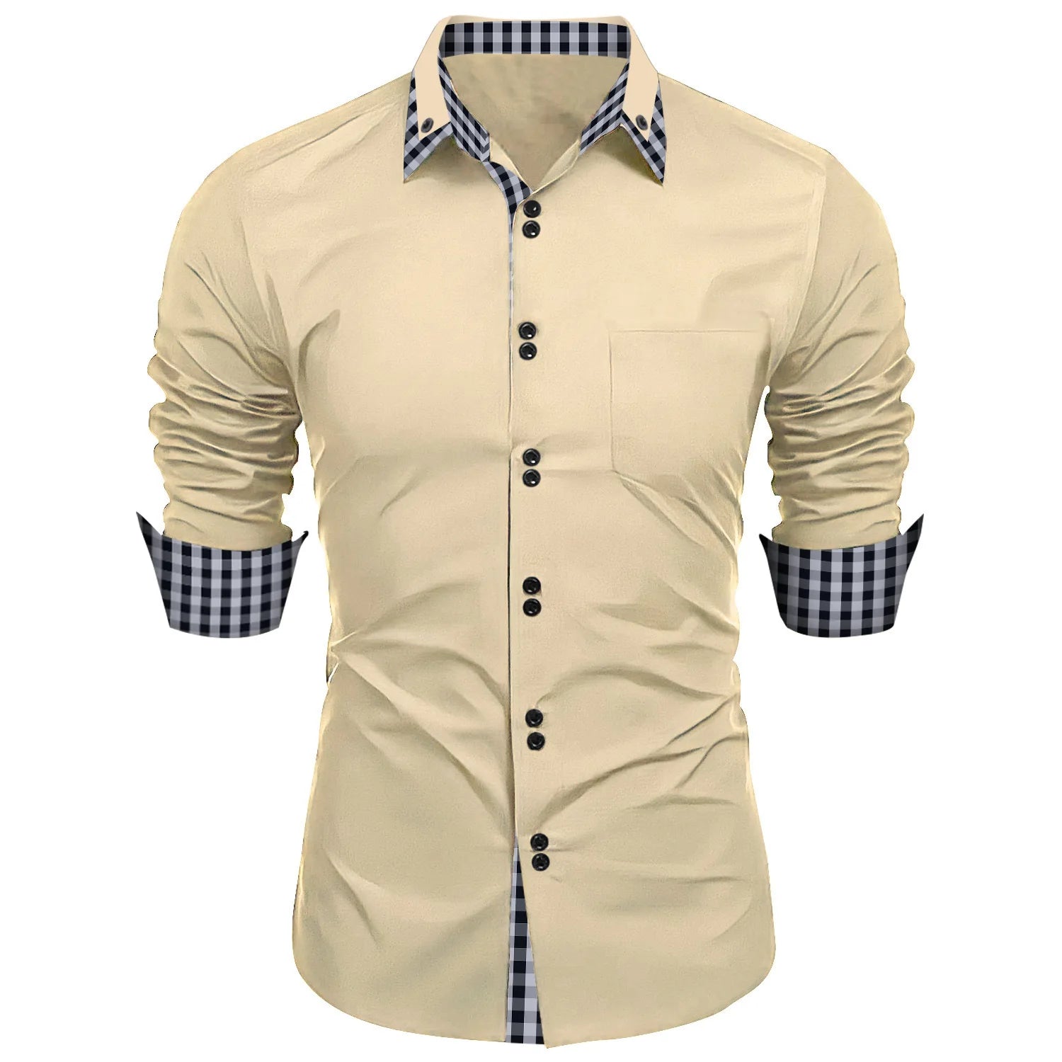 Camisa Masculina Formal Com Estampa Em Xadrez Manga  Comprida