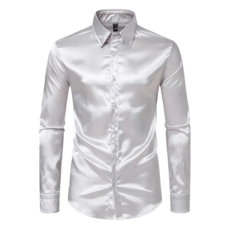 Camisa Masculina Manga Comprida Seda Cetim Casual