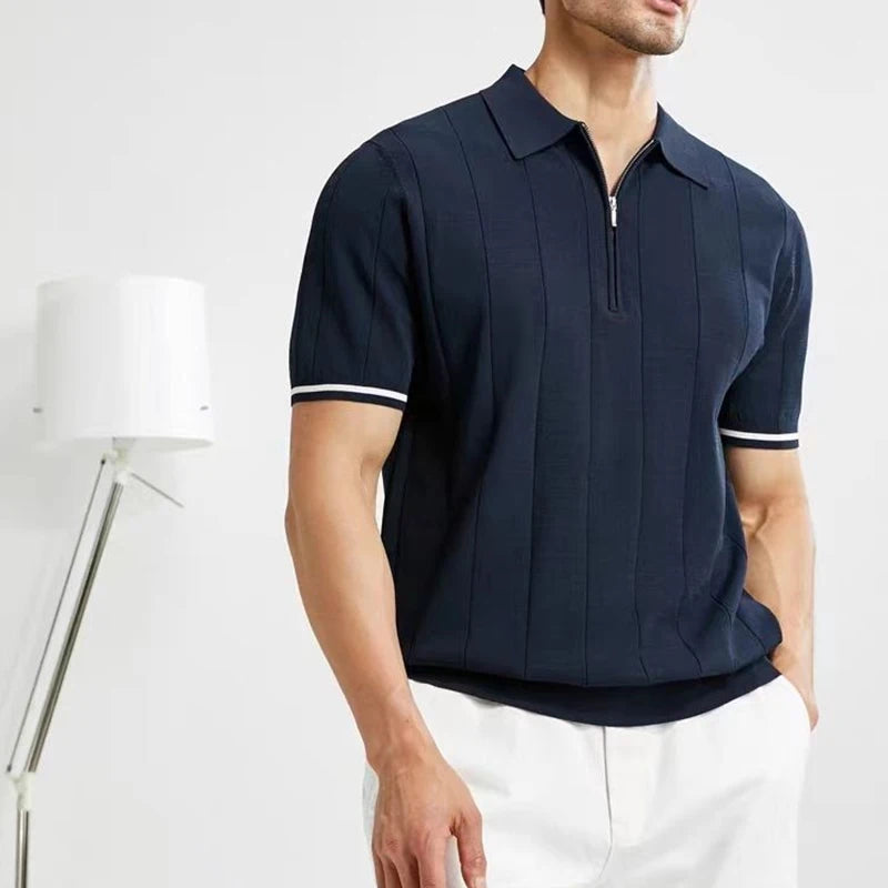 Camisa Masculina Polo Casual Elegante Com Listra Na Borda Das Mangas