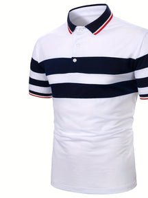 Camisa Masculina Listrada No Peito Manga Curta Gola Polo