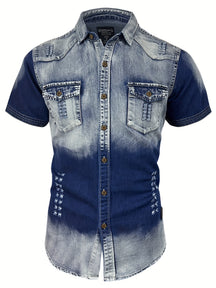 Camisa Masculina Casual Jeans Com Bolsos Manga Curta