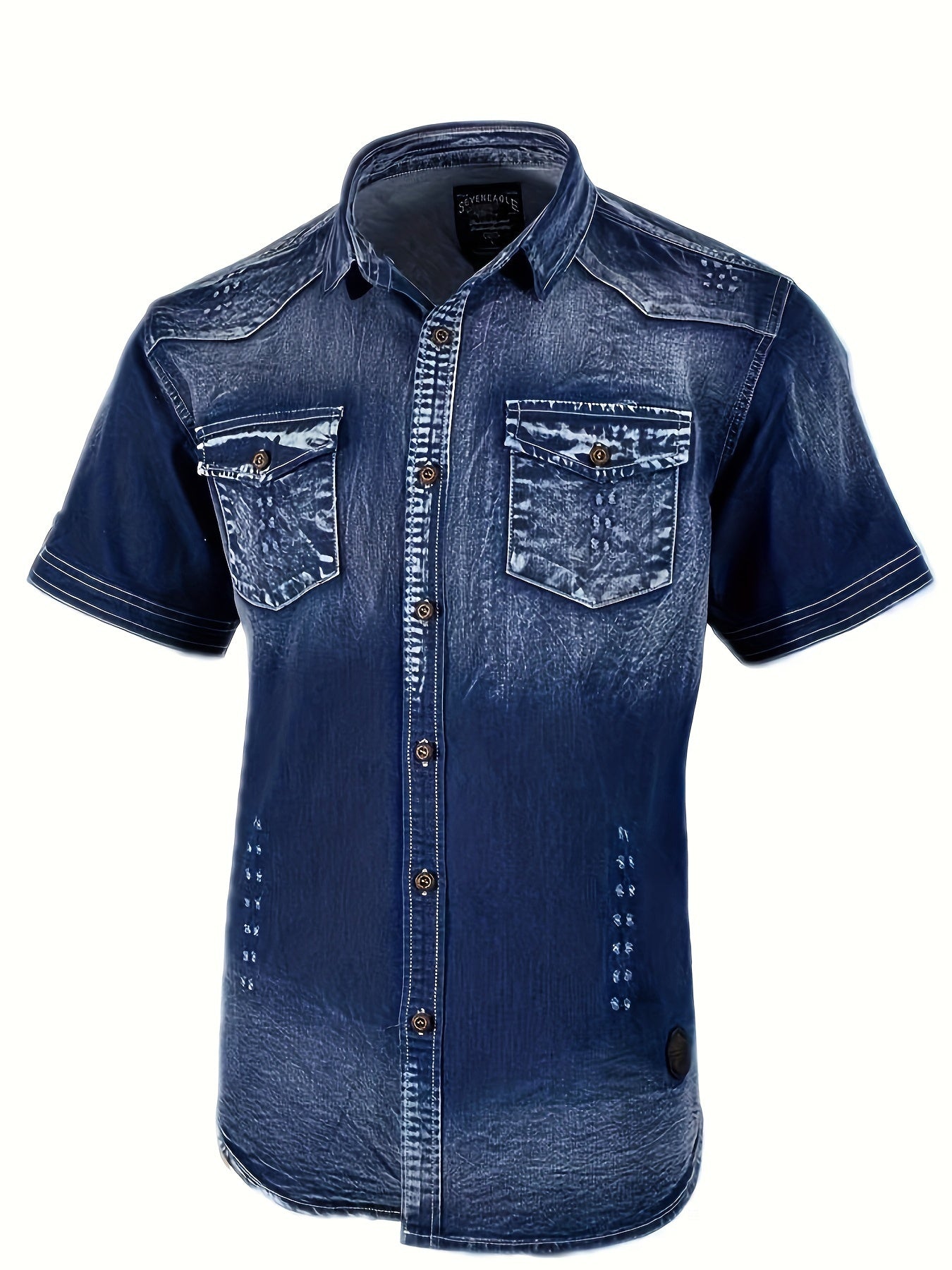 Camisa Masculina Jeans Com Dois Bolsos Manga Curta