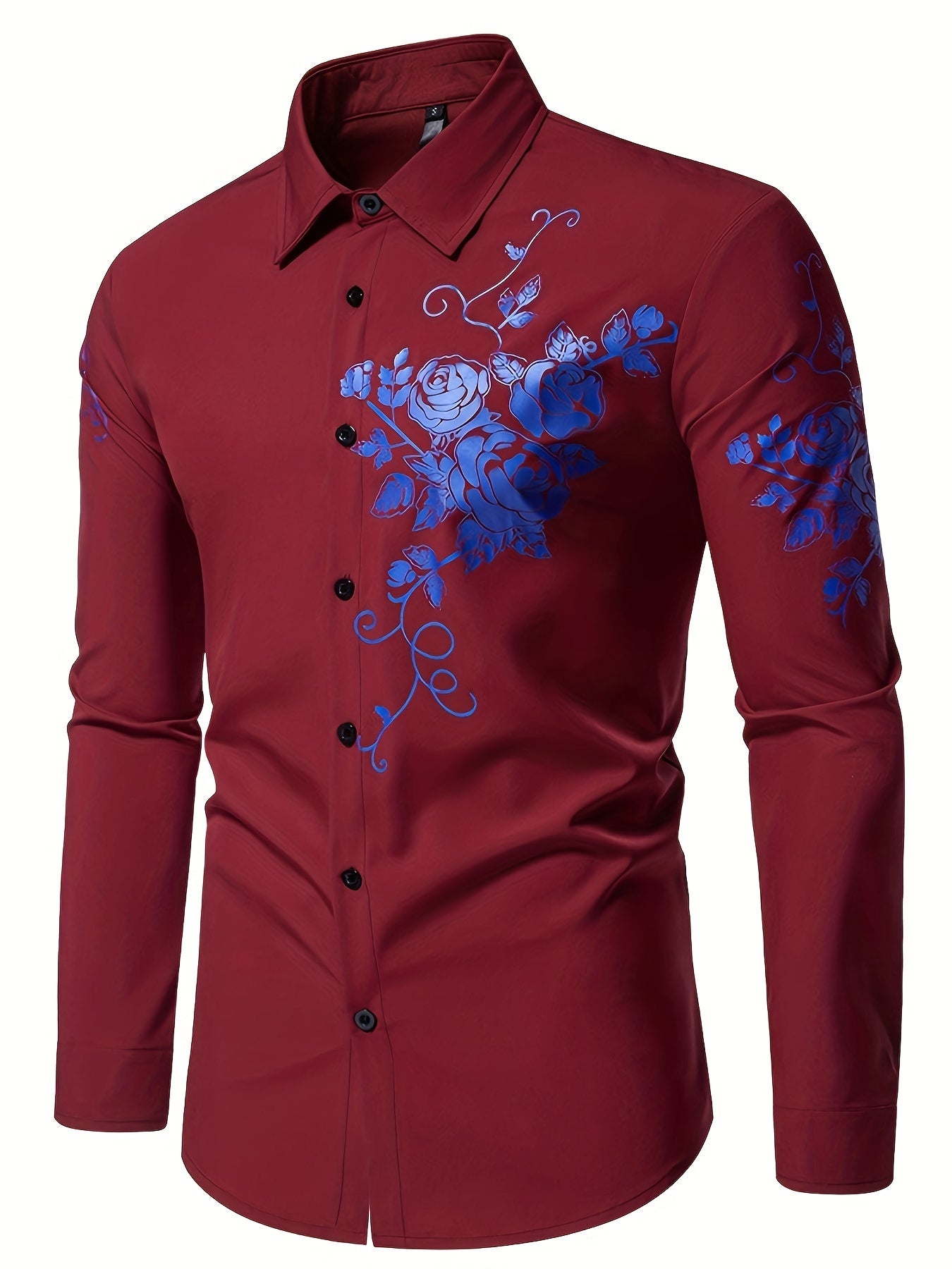 Camisa Masculina  Social Manga Comprida Detalhe Impresso De Rosas