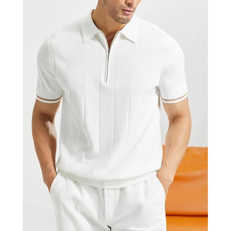 Camisa Masculina Polo Casual Elegante Com Listra Na Borda Das Mangas