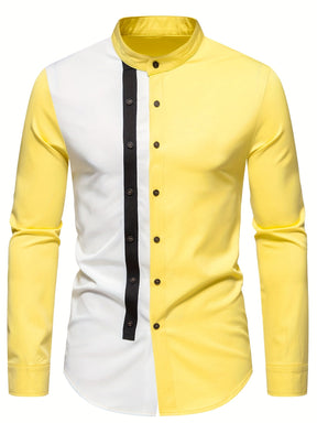 Camisa Masculina Casual Manga Comprida Em Blocos De Cores E Listra