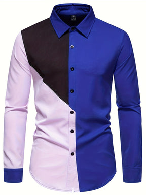 Camisa Masculina Com Blocos De Cores  Manga Longa Estilosa