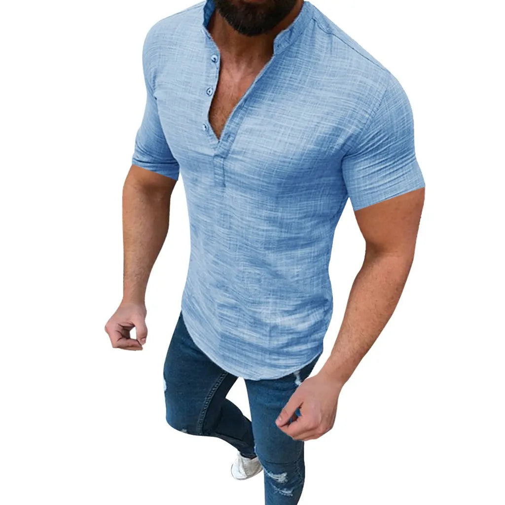 Camisa Masculina Casual Dia á Dia Manga Curta  Gola Em Pé