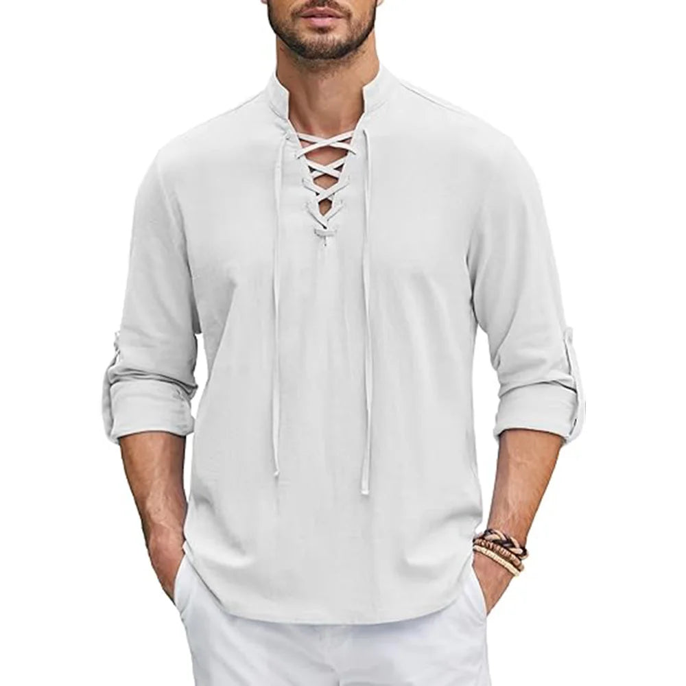 Camisa Masculina Casual Manga Comprida Com Amarração Na Gola